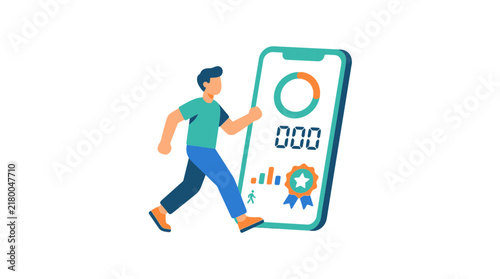 Man running next to a smartphone displaying fitness tracker app with charts and badges
