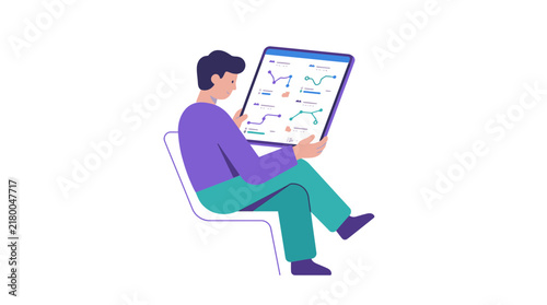 Man sitting on chair analyzing data charts on tablet isolated