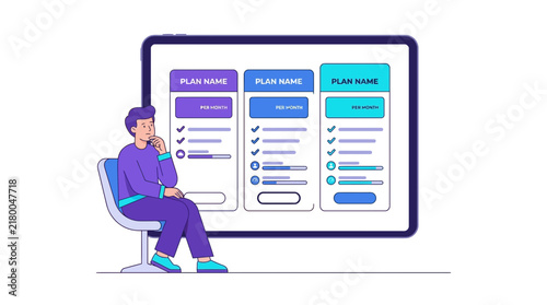 Man sitting and considering pricing plans on a digital tablet screen