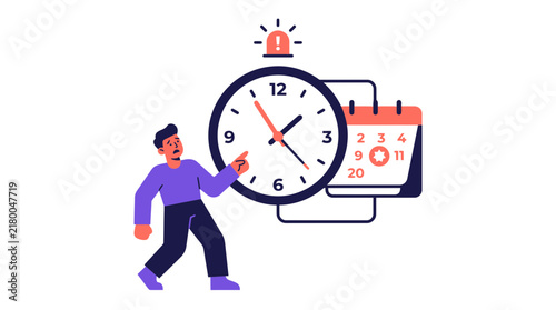 Man stressed about deadline pointing at clock and calendar with alarm