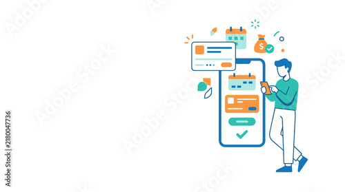Man using smartphone for financial planning and scheduling isolated on transparent background