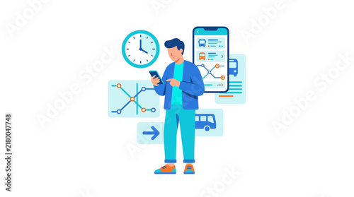 Man using smartphone for public transport navigation and schedule app