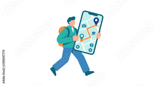 Man with Backpack Holding Smartphone Showing Navigation Map Isolated