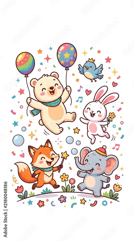 Naklejka premium Cute Cartoon Happy Animals Birthday Party Celebration Set with Bear Bunny Fox Elephant Flying Balloons Confetti Music Notes Isolated on White Background for Kids Invitation Design