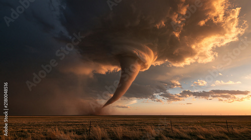 The Roaring Fury of a Tornado: A colossal tornado descends from a dramatic storm cloud, its powerful funnel touching down on a barren landscape under a sky ablaze with the colors of sunset.