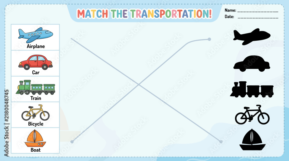 Fototapeta premium Match the Transportation Game for Kids: Airplane, Car, Train, Bicycle, Boat