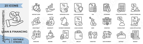 Loan and financing icon set editable stroke collection. Containing instant loan, investment, tax, insurance, debt, income, profit, credit and more. 