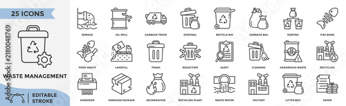 Waste management icon set editable stroke collection. Containing recycling, trash, landfill, food waste, hazardous waste, paper, factory, wastewater, incineration and more.