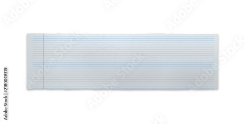 Wide torn horizontal paper strip with blue lines and red margin line. on transparent background.