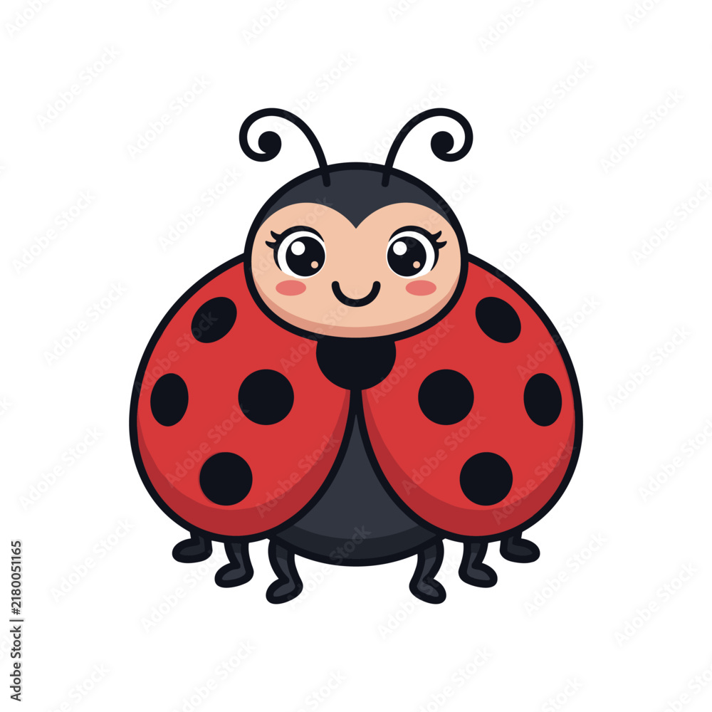 Fototapeta premium Cute ladybug cartoon sticker, cheerful hand drawn vector clipart for kids nursery design playful character