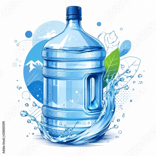 Unique Mineral Water Gallon with Dynamic Water Splash and Nature Elements