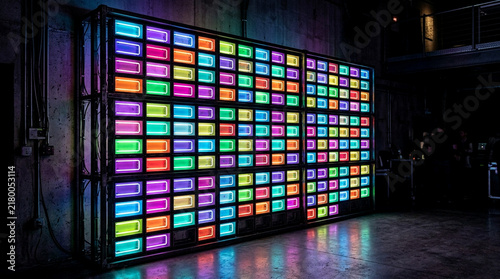 Large neon light wall with colorful glowing rectangular panels in a dark industrial space.