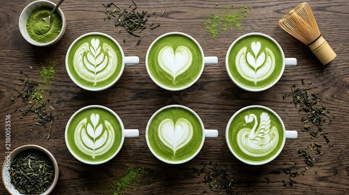 Overhead View Matcha Green Tea Latte Art Collection On Wooden Table