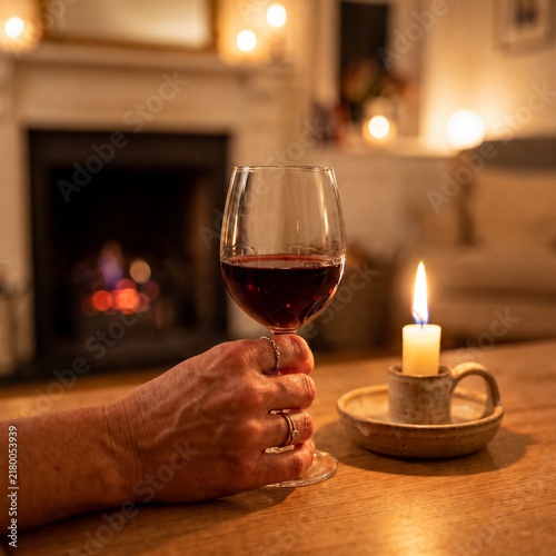 Hand holding a glass of red wine near a burning candle on a wooden table, cozy living room interior with a warm glowing fireplace, relaxing domestic evening lifestyle