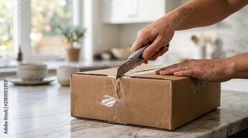 Person opening a cardboard delivery box with a utility knife on a kitchen counter.