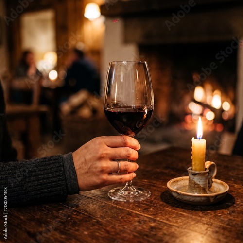 Hand holding a glass of red wine next to a lit candle on a rustic wooden table, blurred glowing fireplace in the background, relaxing winter holiday evening and cozy domestic lifestyle