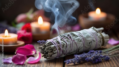Smudging ritual with candles, flowers, and herbs