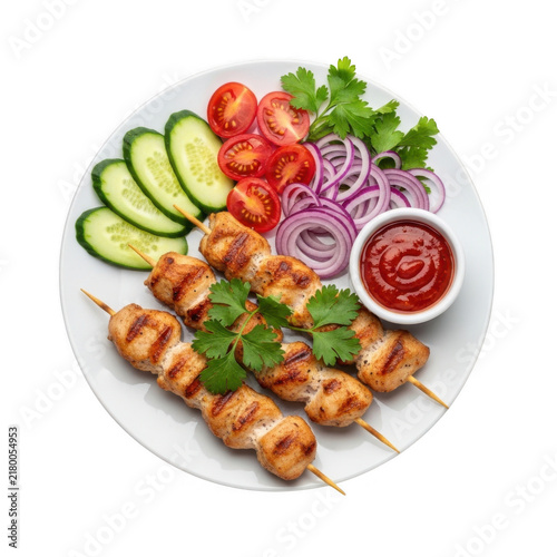 Assorted skewers and fresh vegetables on plate