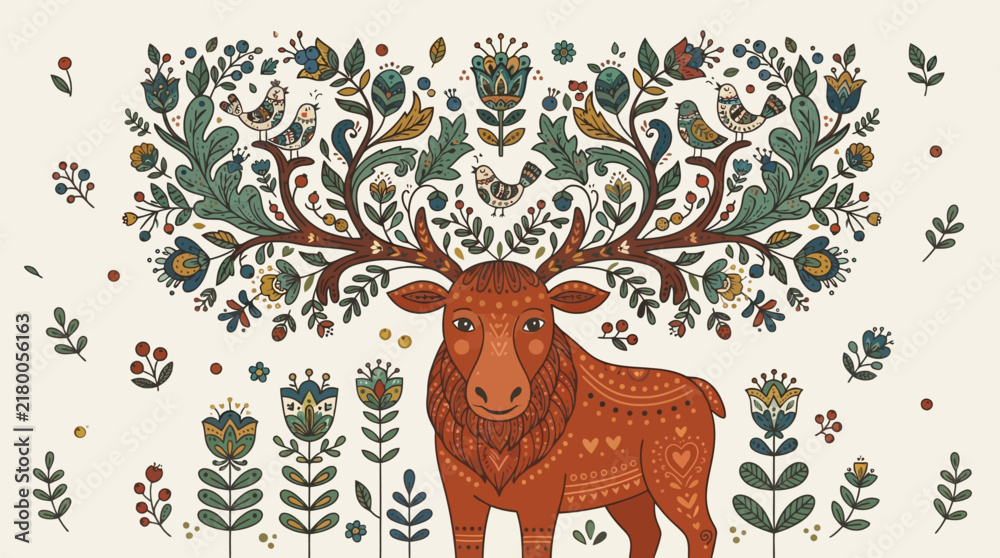 Naklejka premium Whimsical Moose with Floral Antlers and Folk Art Pattern