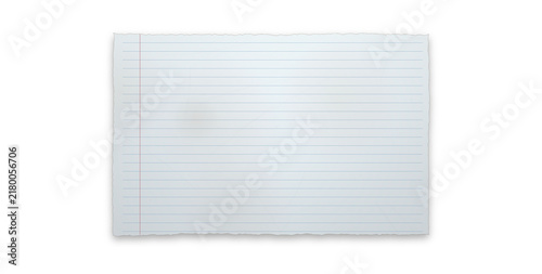 White ripped notebook paper sheet with margin line on grid background.