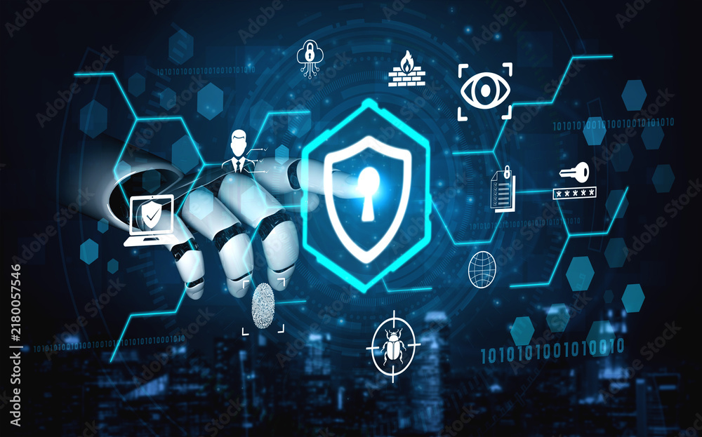 Obraz premium Futuristic Robotic Hand Interacting with Cybersecurity Icons Representing Digital Protection and Data Security Concepts in Modern Technology Landscape Fluxor.