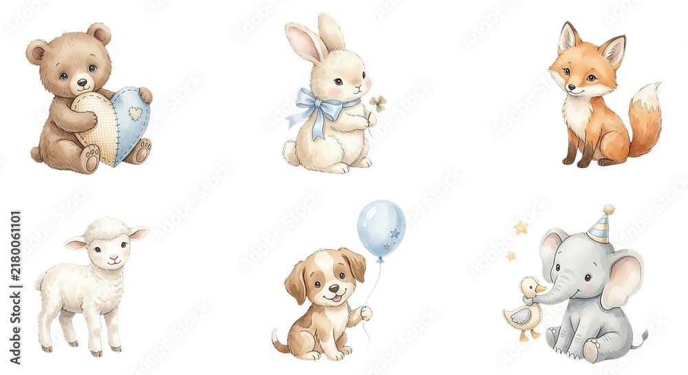Obraz premium Animation style baby animals, isolated on white background.
