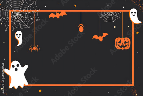 Minimalist Flat Vector Halloween Orange Frame with Hanging Spiders and Central Copy Space for October Greeting Card Template