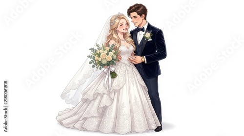 Bride in a white wedding dress holding a bouquet next to groom in a suit with wedding couple pocket square white background couple portrait marriage ceremony celebration together partnership