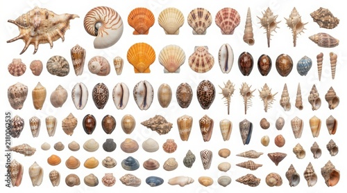 Collection of various seashells and conchs isolated on white background with sea shell marine life collection of shells exotic shells different shapes flat lay calcium carbonate seashells