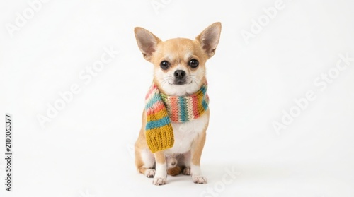 Cute little chihuahua dog sitting wearing a colorful knitted winter scarf with winter clothes dressed up small dog toy breed cold weather white background pet care cute animal dog lover