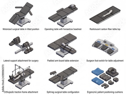 Isometric collection of surgical tables and medical equipment