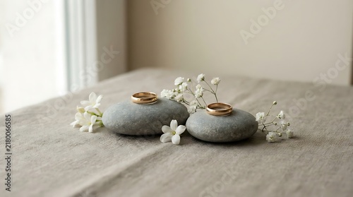 Two wedding bands on smooth stones with gentle white flowers on a textured linen surface symbolizing amicable divorce and peaceful separation.