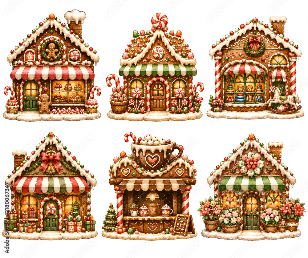 Fototapeta premium Whimsical Christmas Gingerbread Shop Collection Watercolor Illustration