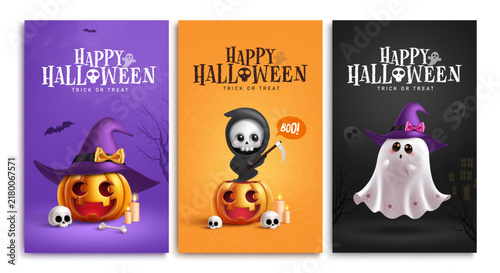 Cute Happy Halloween posters clipart set design. Happy Halloween greeting card with cute pumpkin, grim reaper and ghost in purple, orange and black spooky background clip art for Halloween party 