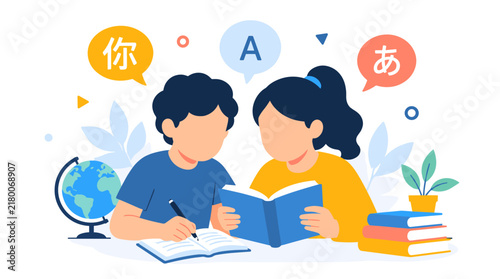 Children Learning Languages with Books and Globe in Classroom