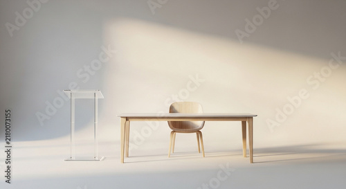Minimalist wooden desk and chair with acrylic podium in a bright sunlit studio space
