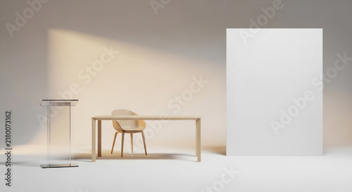 Minimalist interior with wooden desk and chair and large blank white wall mockup space.