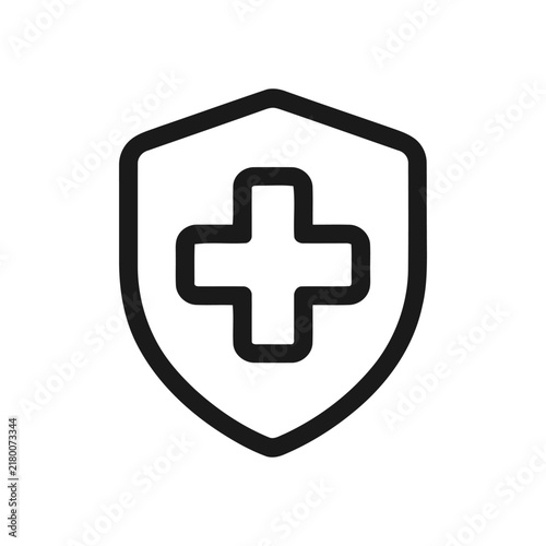 Medical shield icon, linear vector symbol of a cross inside a protective shield for healthcare, safety, and insurance concepts