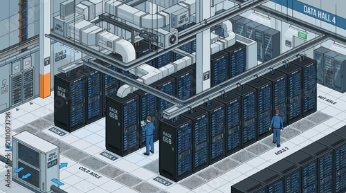 Isometric Data Center with Server Racks and Technicians