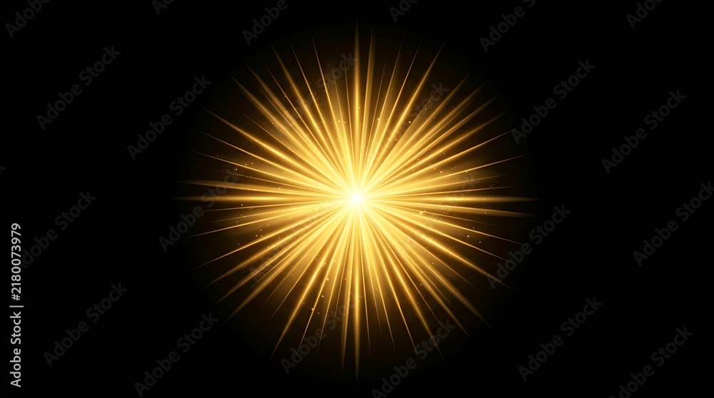 Fototapeta premium Golden light burst with glowing star rays and sparkles on a black background.