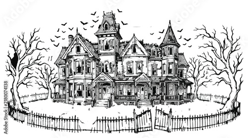 Bild auf Leinwand Happy Halloween Vintage Victorian haunted house sketch, spooky mansion vector wi