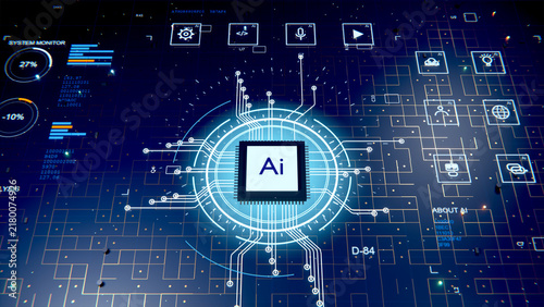 青く光る半導体AIチップと回路基板のデジタルインターフェース