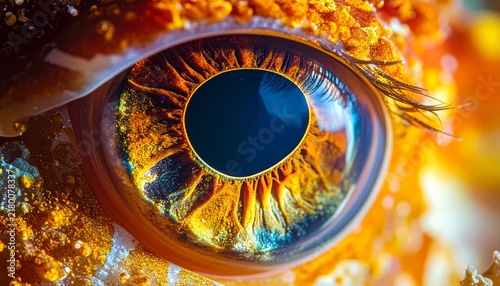 Macro view of an animal eye with vibrant orange iris and intricate detail