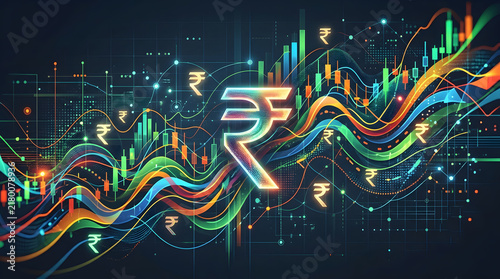 Abstract Colorful Indian Stock Market NSE BSE Trading Chart Rupee Symbol Dark Background