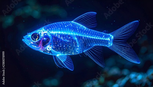 Glowing bioluminescent fish swimming in deep dark blue ocean water