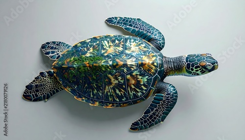 Sea turtle with ecosystem shell containing forest and ocean concept design