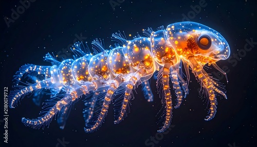 Bioluminescent Deep Sea Crustacean Glowing in the Dark Ocean
