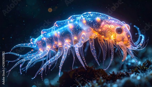 Bioluminescent deep sea crustacean glowing in the dark ocean depths