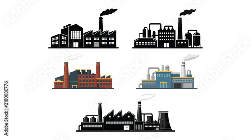 Industrial factory buildings with smokestacks are depicted in a vector illustration