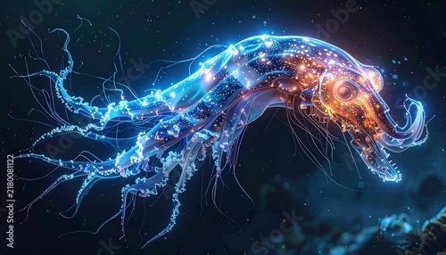 Bioluminescent deep-sea creature glowing with cosmic light in dark ocean depths